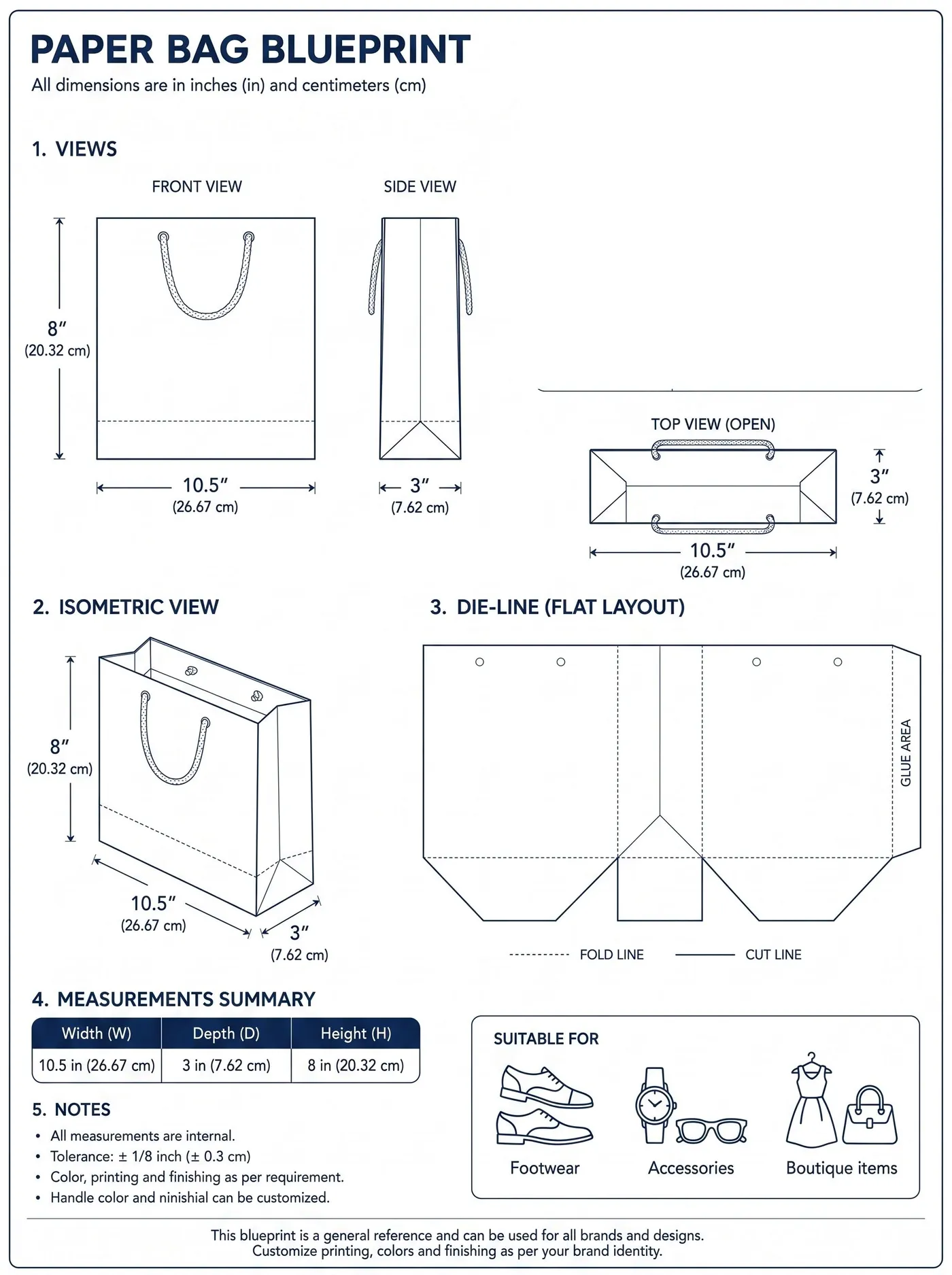 Technical specification drawing for the 10.5" × 3" × 8" paper bag, showing front, side and isometric views with the flat die-line
