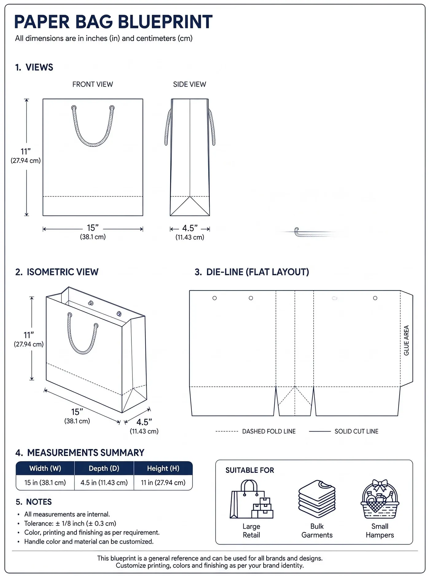 Technical specification drawing for the 15" × 4.5" × 11" paper bag, showing front, side and isometric views with the flat die-line