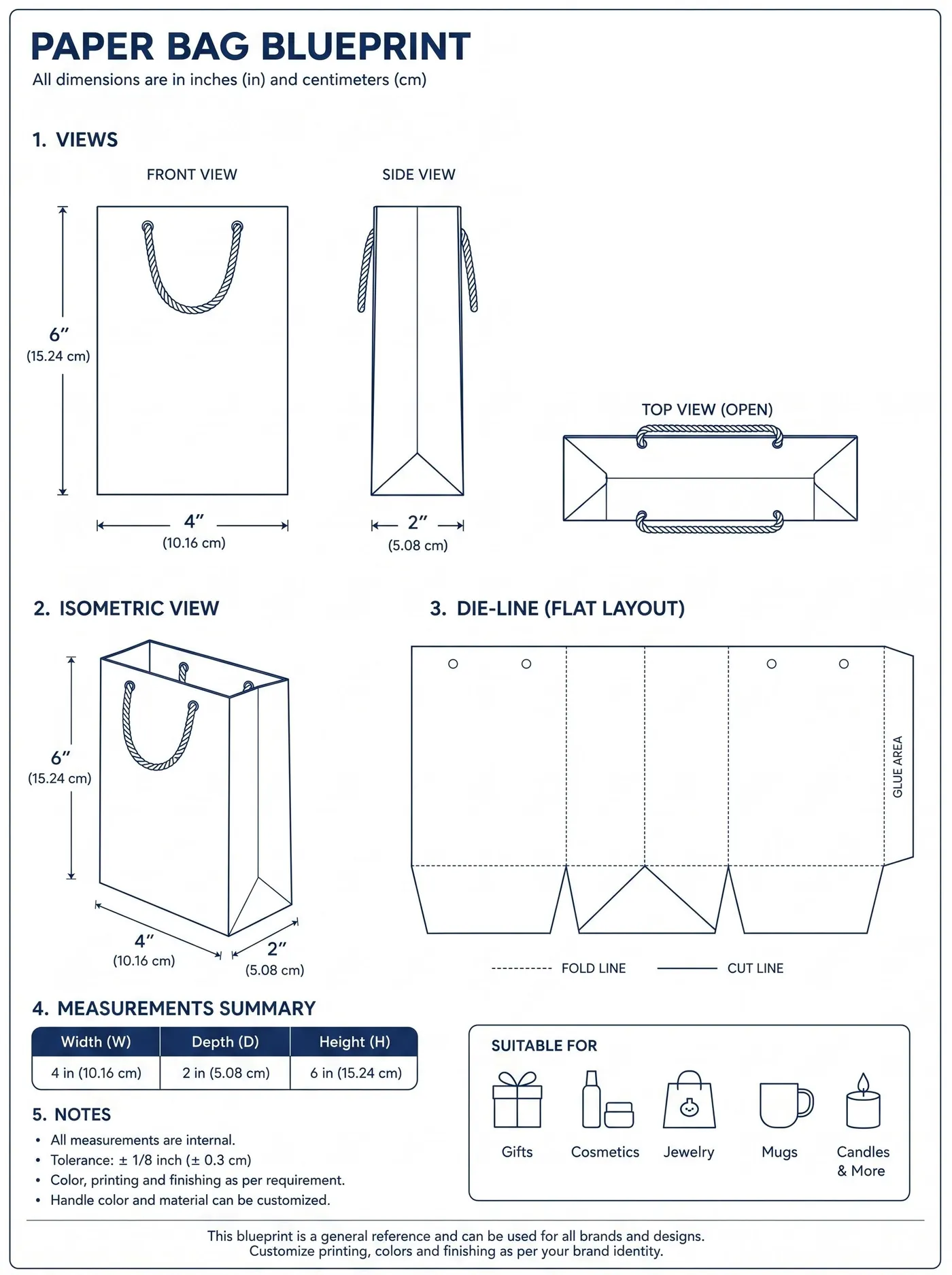 Technical specification drawing for the 4" × 2" × 6" paper bag, showing front, side and isometric views with the flat die-line