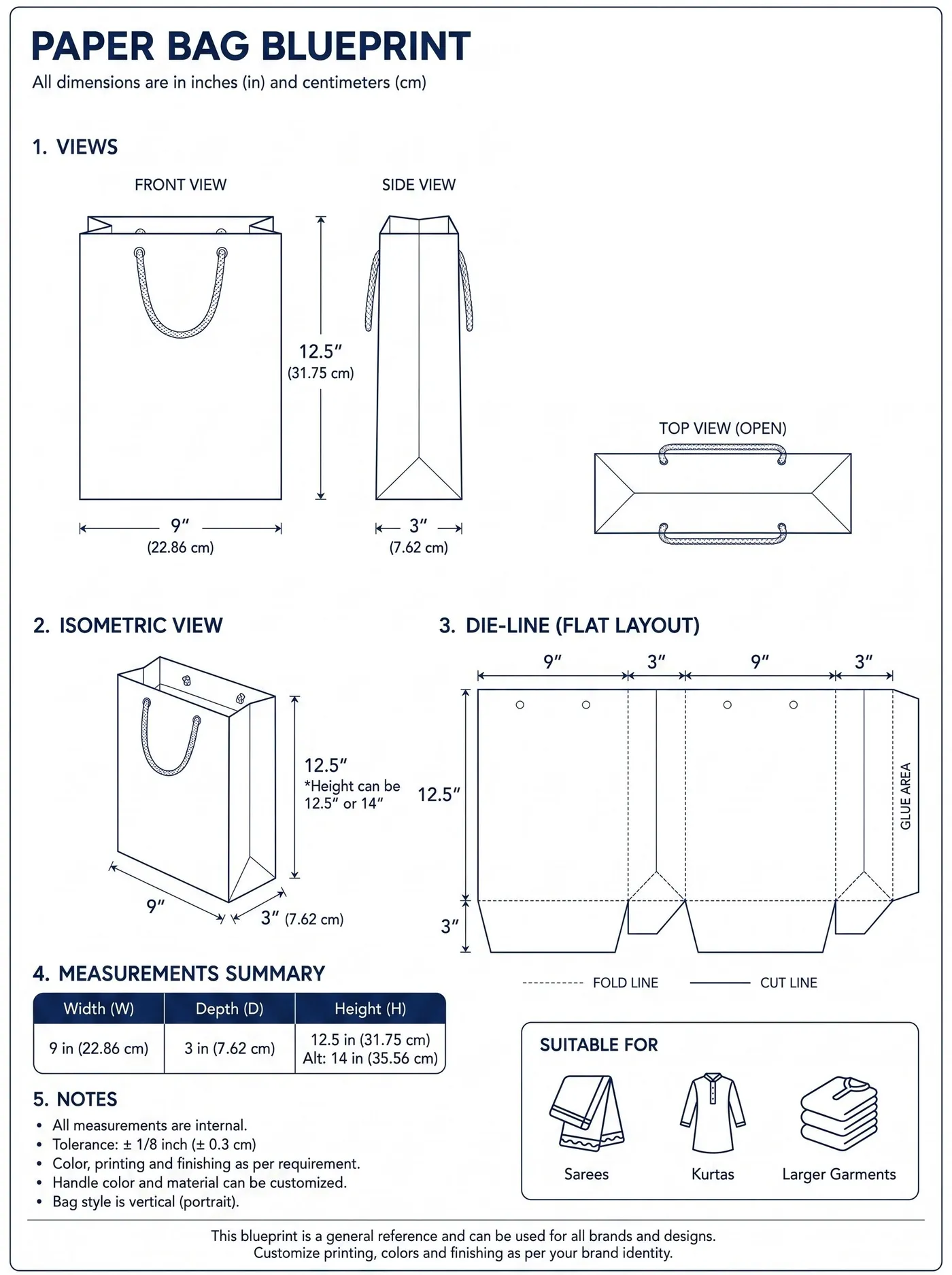 Technical specification drawing for the 9" × 3" × 12.5" paper bag, showing front, side and isometric views with the flat die-line