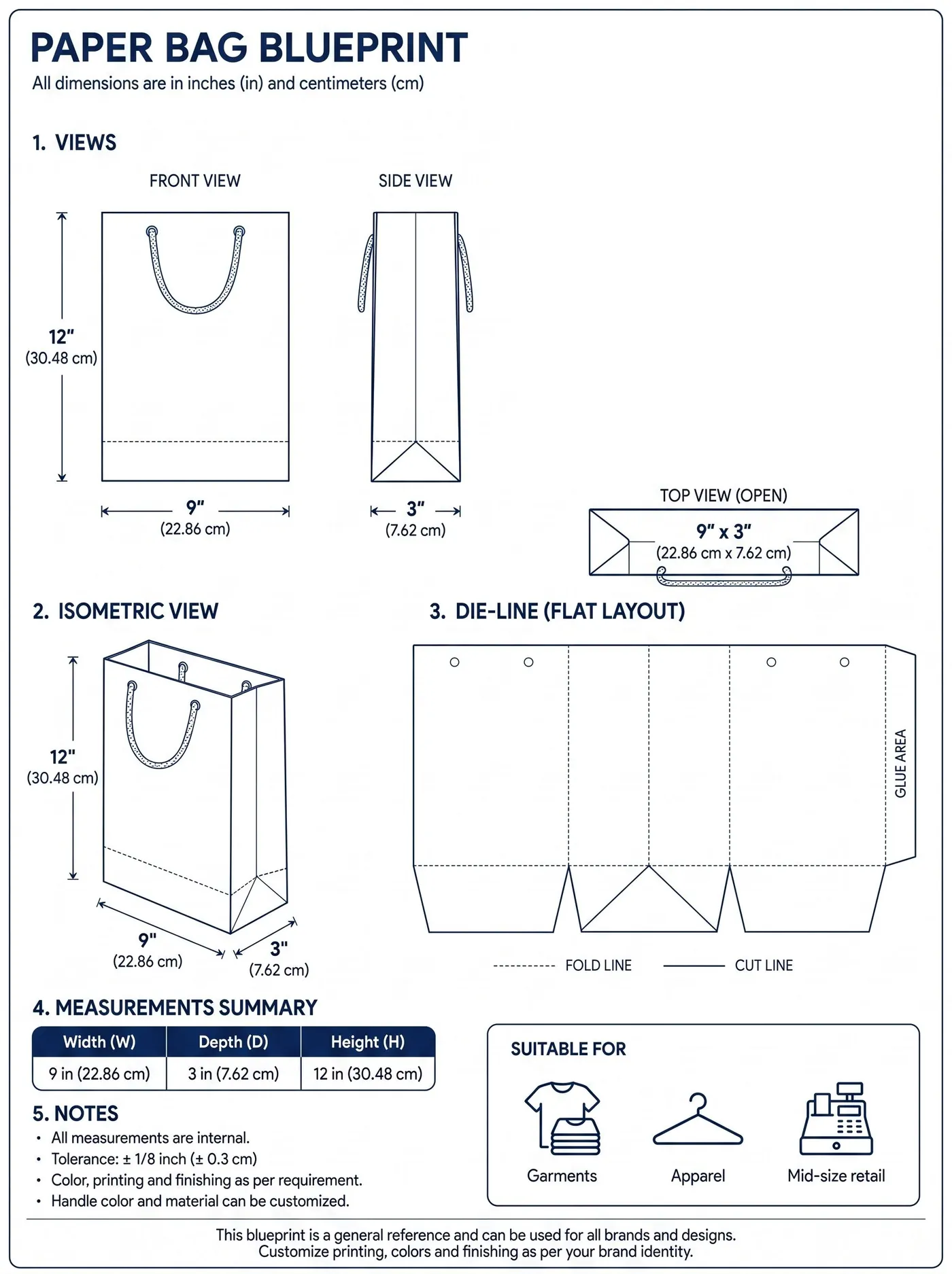 Technical specification drawing for the 9" × 3" × 12" paper bag, showing front, side and isometric views with the flat die-line